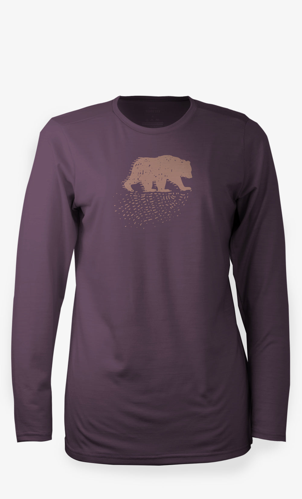 Chandail femme violet en laine mérinos 190 GSM avec motif ours, manches longues, parfait pour l’hiver.