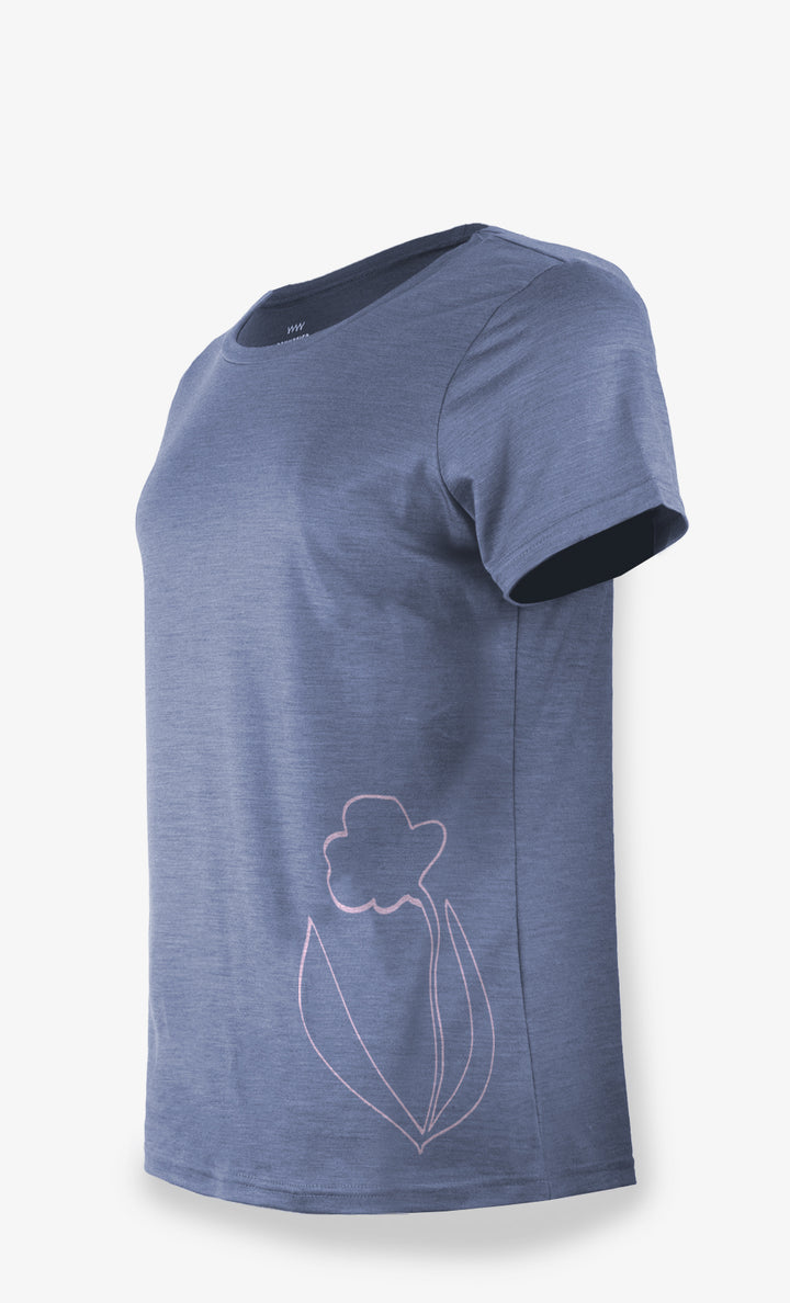T-Shirt Mérinos Femme Bleu Gris Ultra Léger - Flower Power