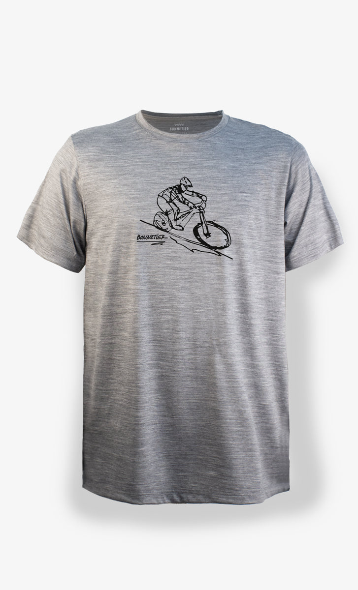 T-shirt mérinos homme gris chiné imprimé descente vélo – léger et technique