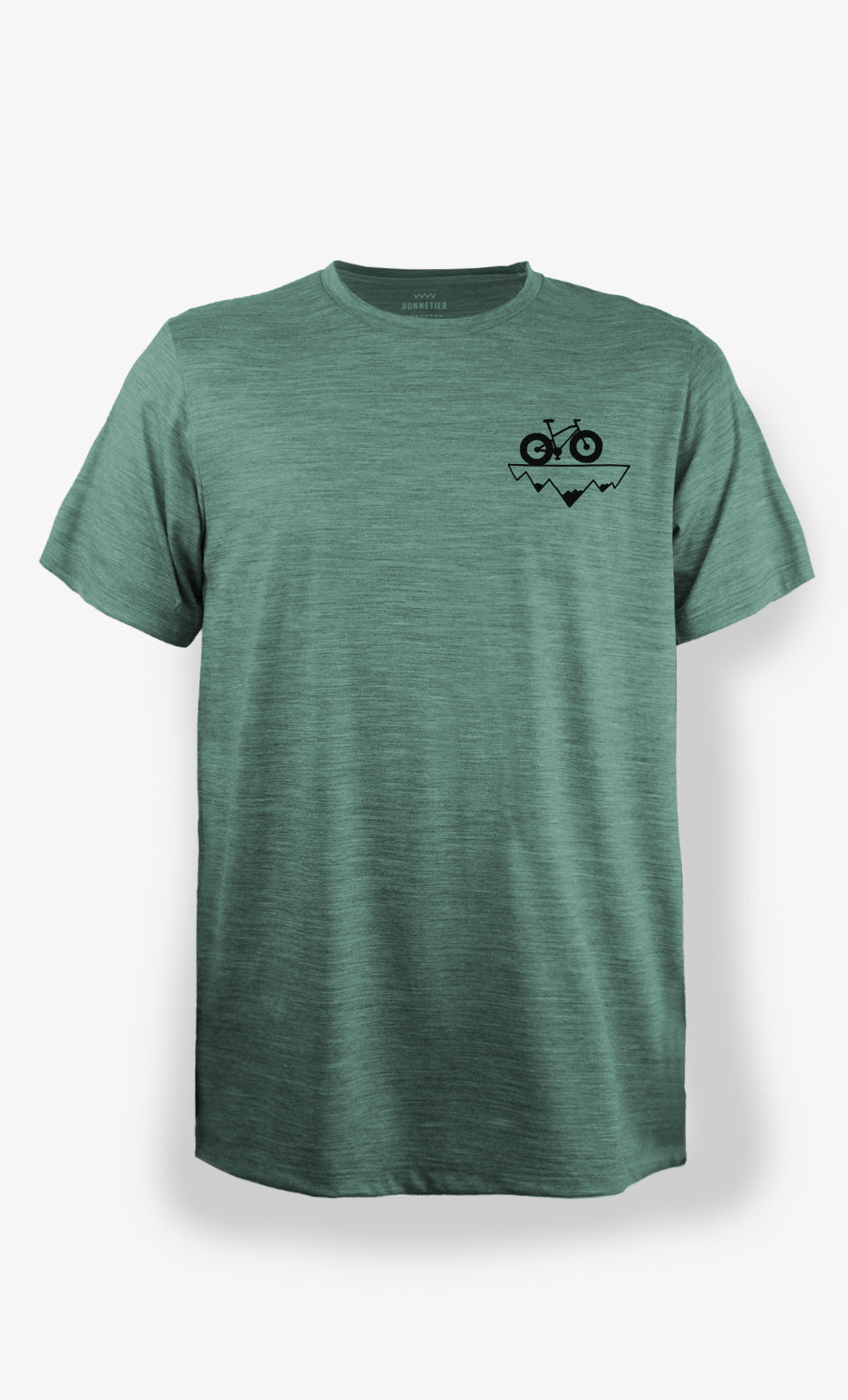 T-shirt vert en laine mérinos Bonnetier avec logo vélo sur montagne imprimé sur la poitrine.