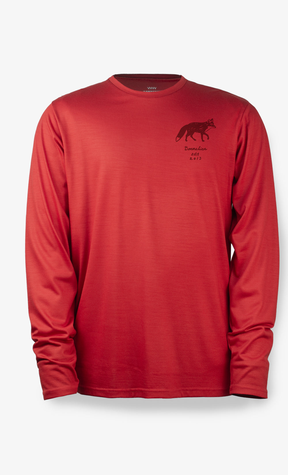 Chandail en laine mérinos rouge avec imprimé renard sur la poitrine, modèle manches longues pour homme.