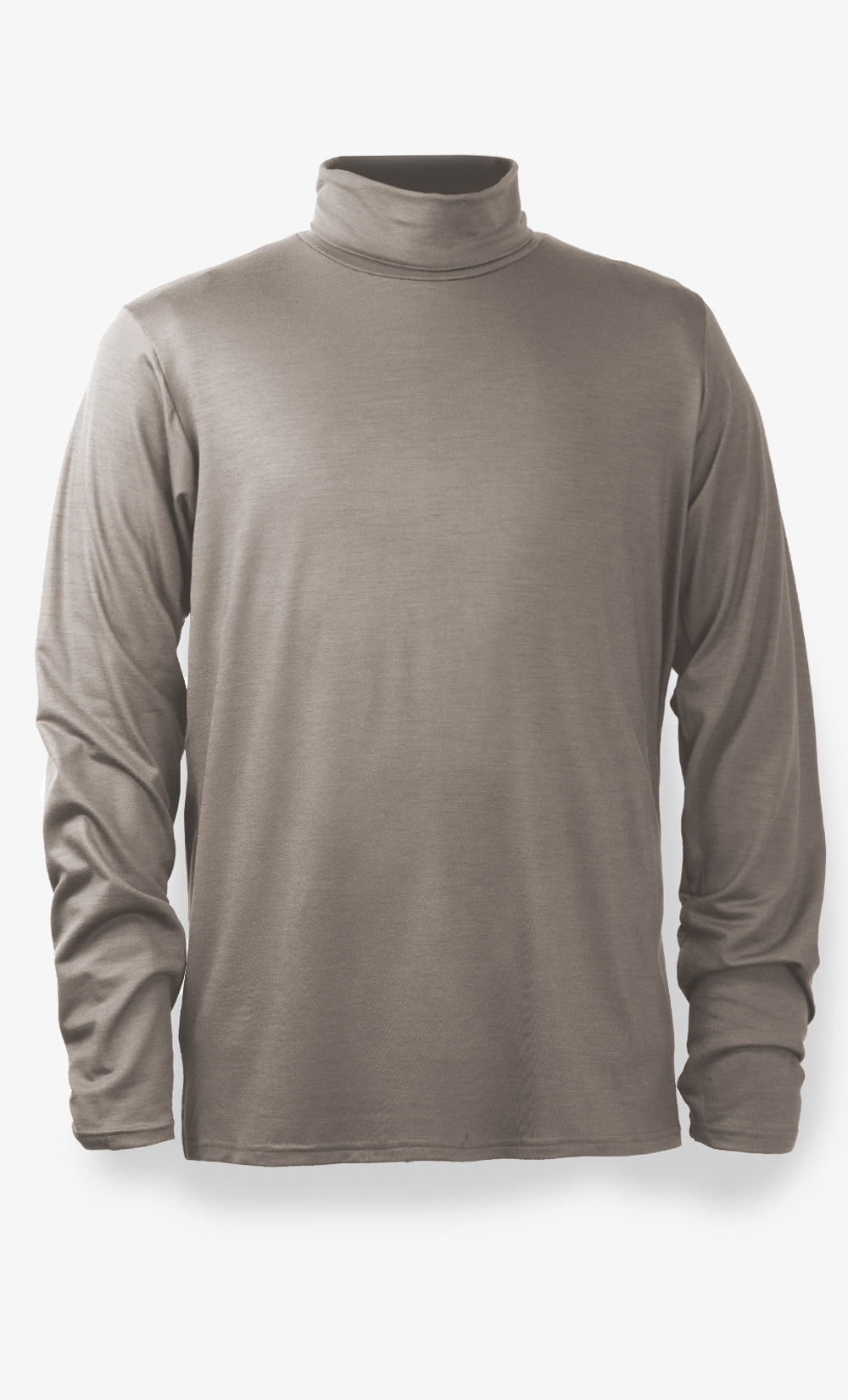 Haut col roulé taupe à manches longues en laine mérinos avec coupe régulière, idéal en couche de base pour l’hiver