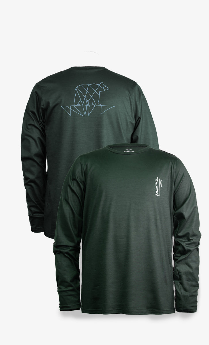 Haut en mérinos vert foncé avec un motif d’ours géométrique dans le dos, manches longues