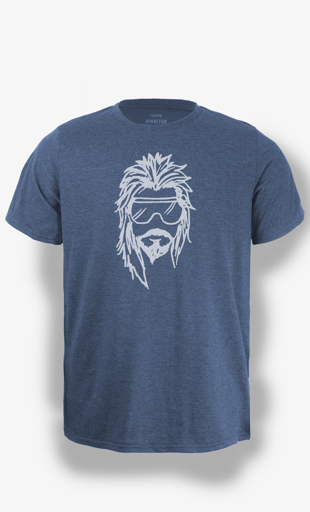 T-shirt bleu homme en coton bio et polyester recyclé avec imprimé visage barbu lunettes de ski.