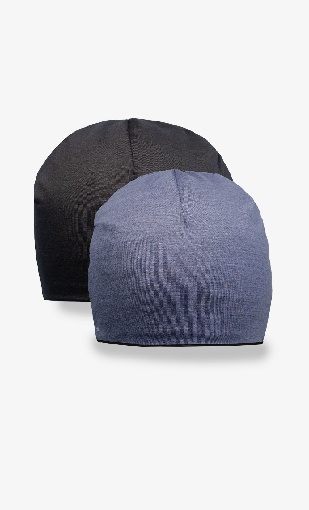 Bonnet réversible en laine mérinos bleu-gris chiné et noir, doux et chaud, fabriqué au Canada.